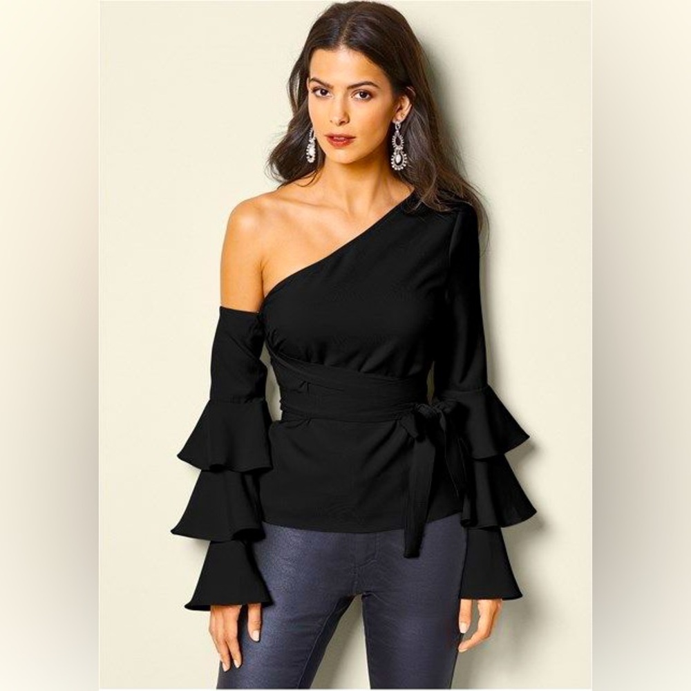 Venus Tops Off Shoulder Ruffle Bell Sleeve Top With Tie Waist Size 4